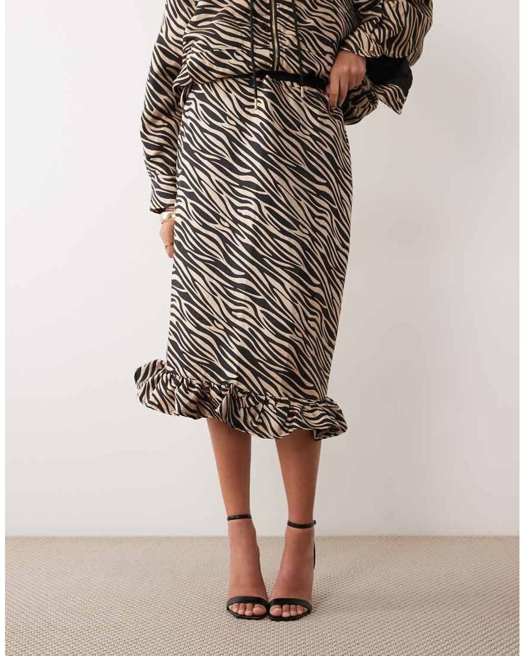 Ghospell Natural High Rise Drawstring Waist Peplum Hem Midi Skirt Co-Ord