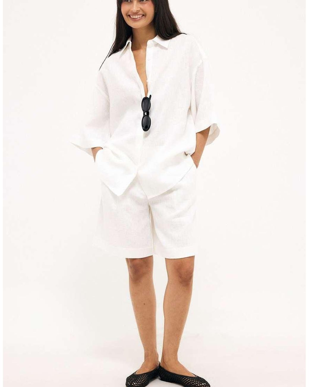 NA-KD White Tailored Linen Shorts