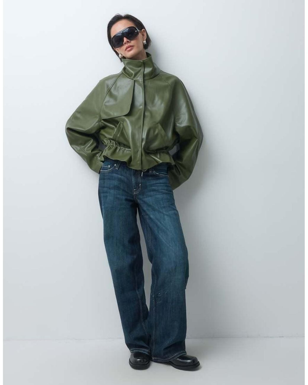 ASOS Green Cinched Waist Leather Look Funnel Jacket