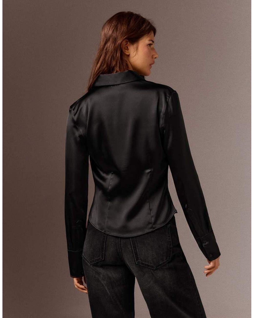 Bershka Brown Fitted Long Sleeve Sateen Shirt