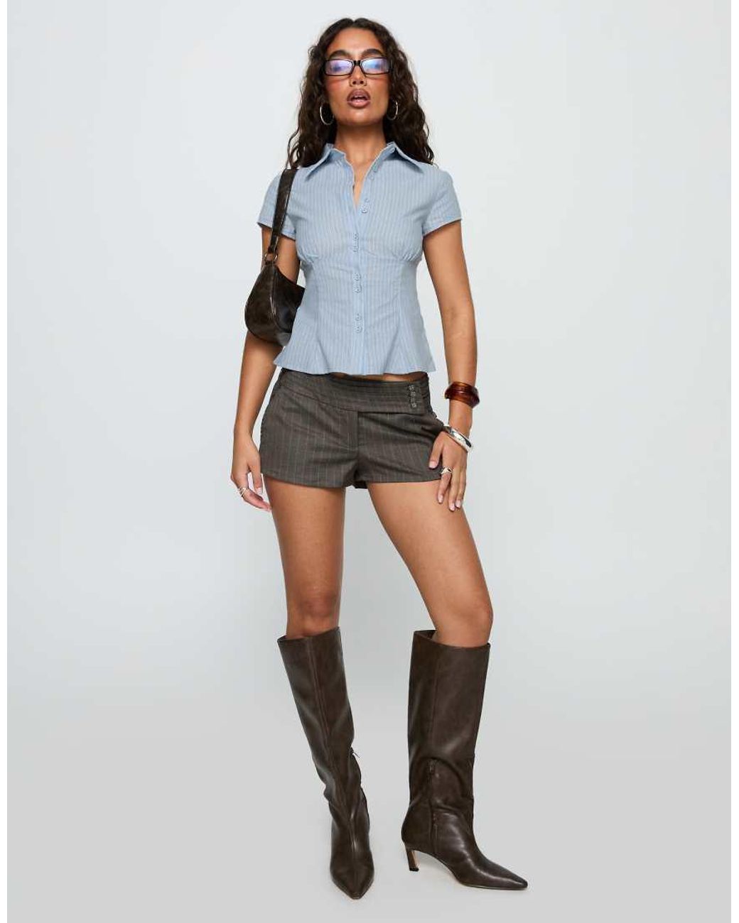 Princess Polly Blue Cottesloe Cotton Rich Pleat Waist Detail Fitted Short Sleeve Shirt