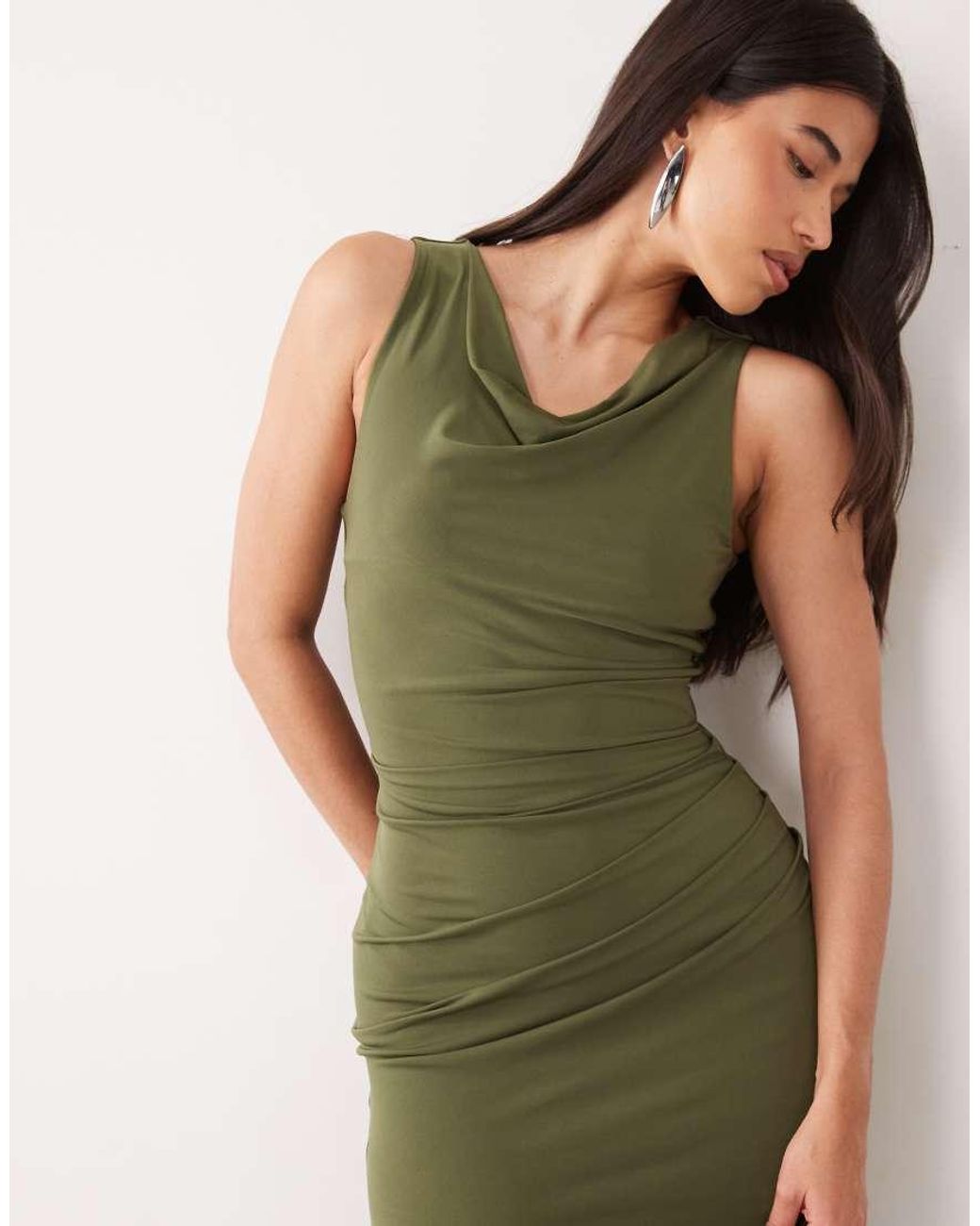 TFNC London Green Slinky Cowl Neck Thigh Split Maxi Dress