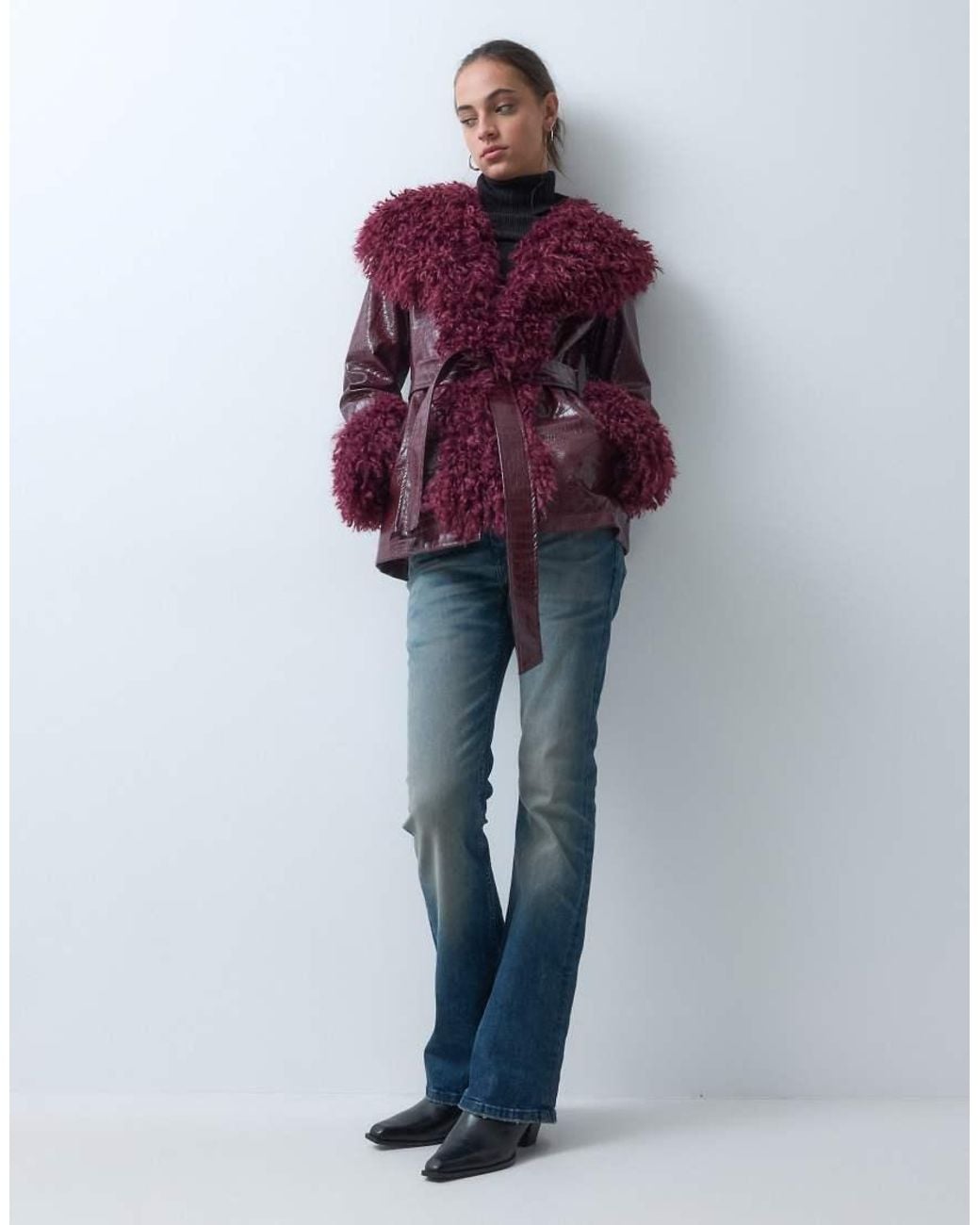 Reclaimed Vintage Multicolor Faux Croc Cropped Trench Coat With Faux Fur Collar