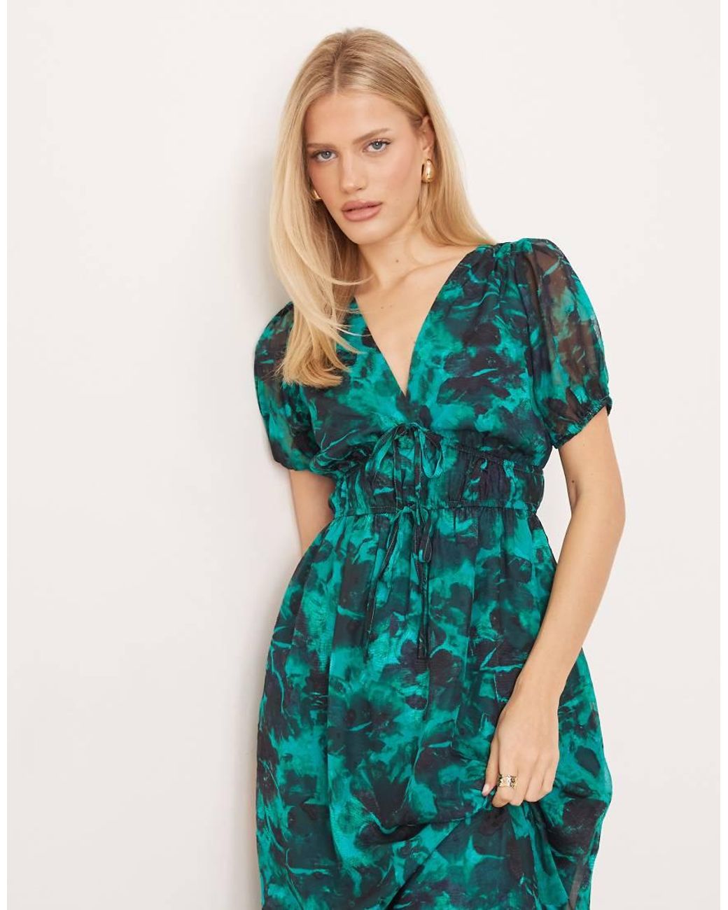 Lovedrobe Green Short Sleeve Tie Detail Midaxi Dress