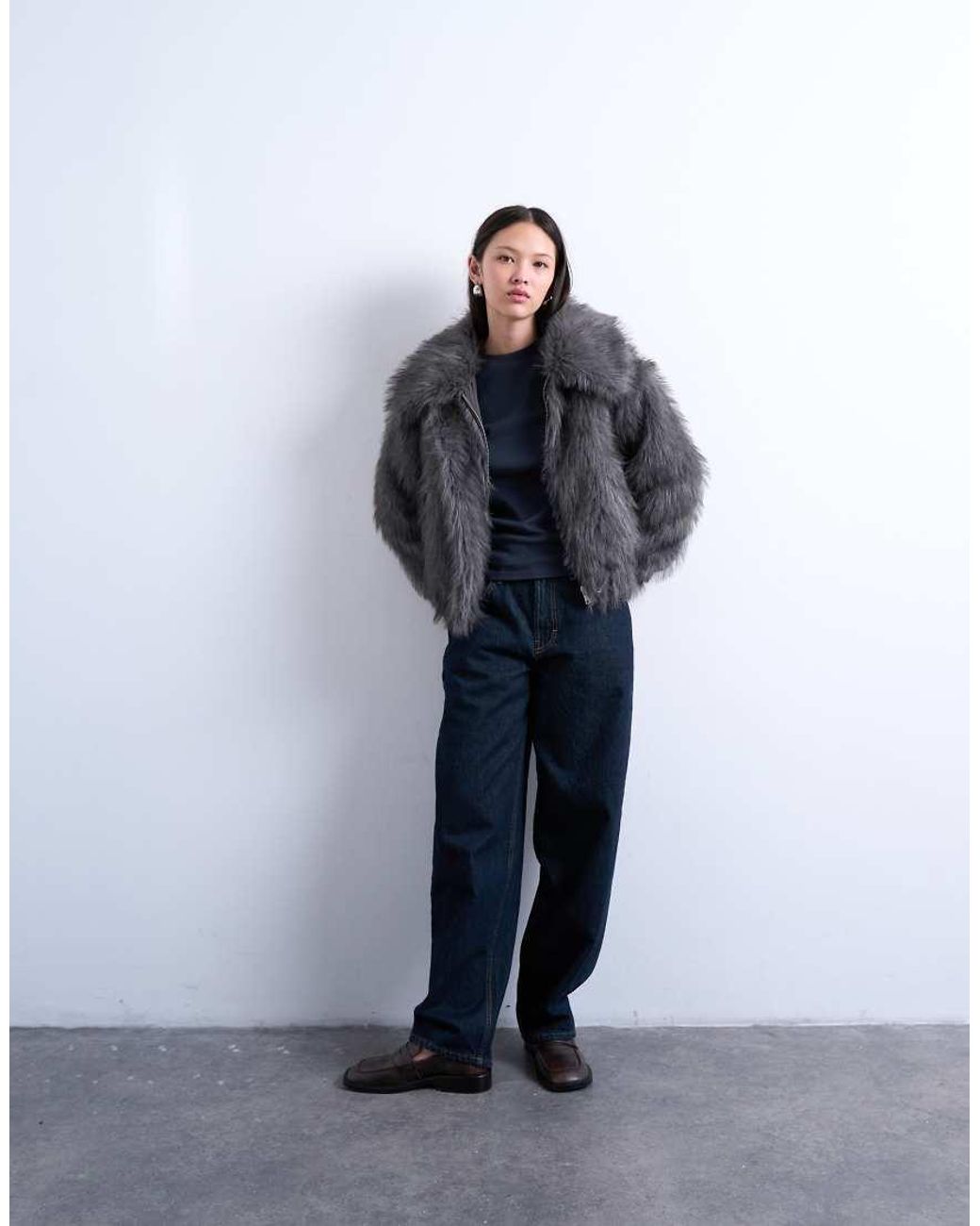 TOPSHOP Blue Faux Fur Zip Thru Bomber Jacket