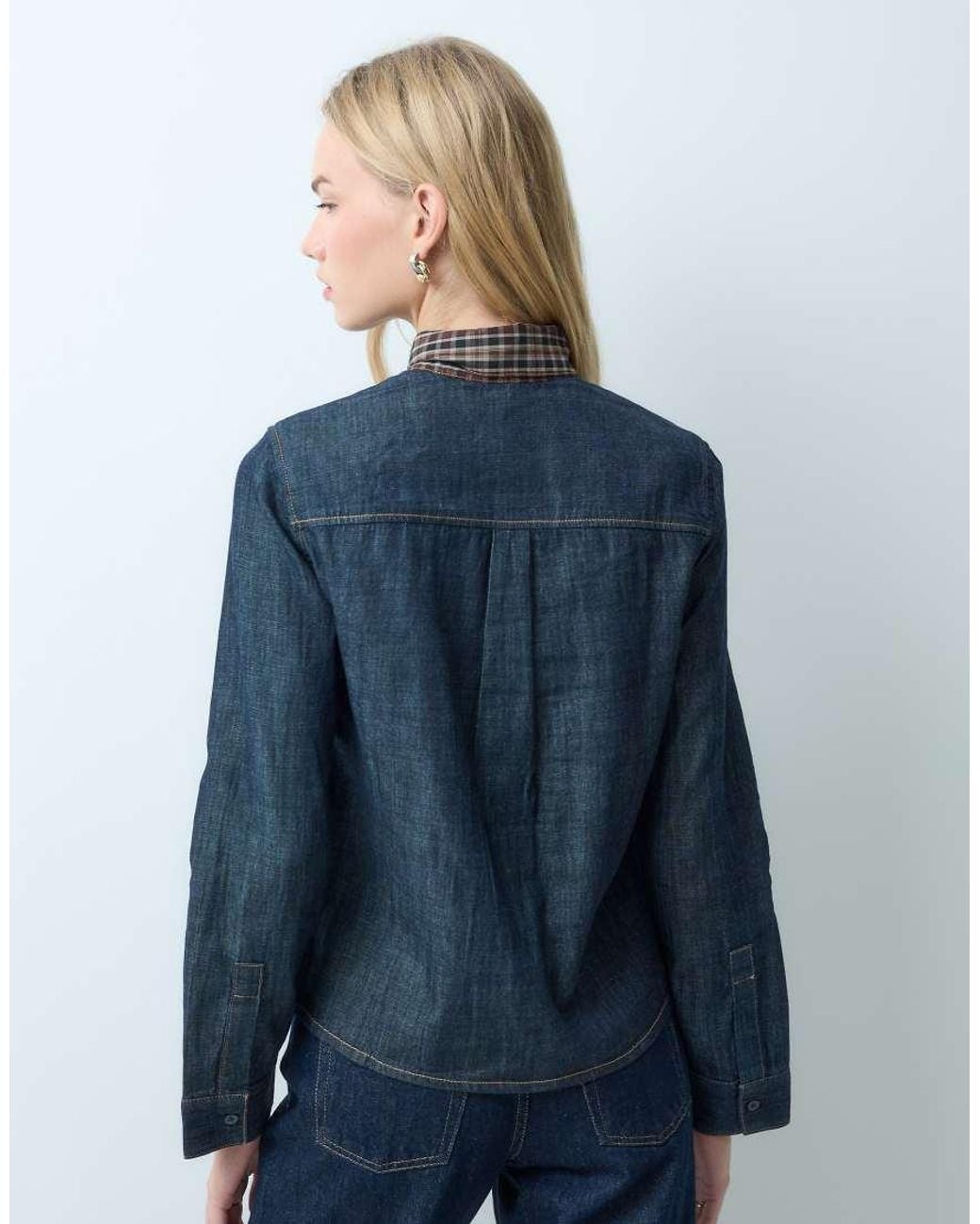 Mango Blue Denim Shirt With Contrast Tie Neck