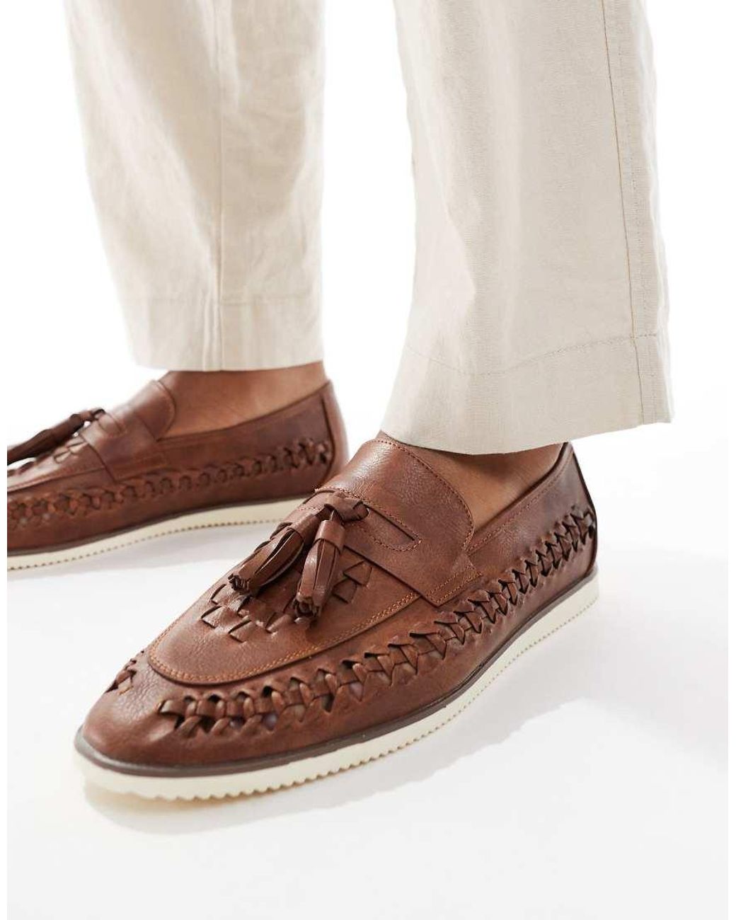 Brave Soul White Faux Leather Woven Loafers for men