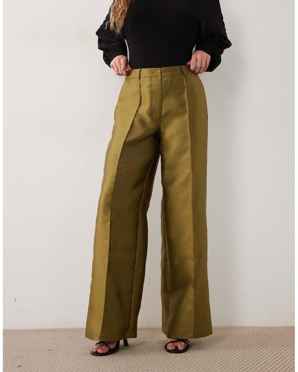 Vila Green Wide Leg Seam Detail Satin Trousers
