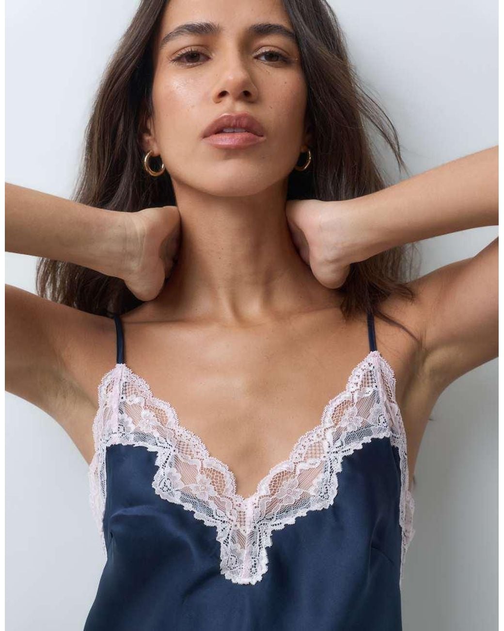 Boux Avenue Blue Amelia Matte Satin Chemise With Lace Detail