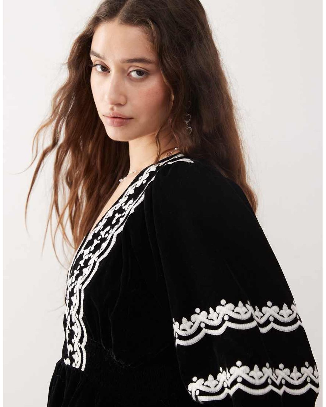 Miss Selfridge Embroidered Velvet Mini Dress in Black