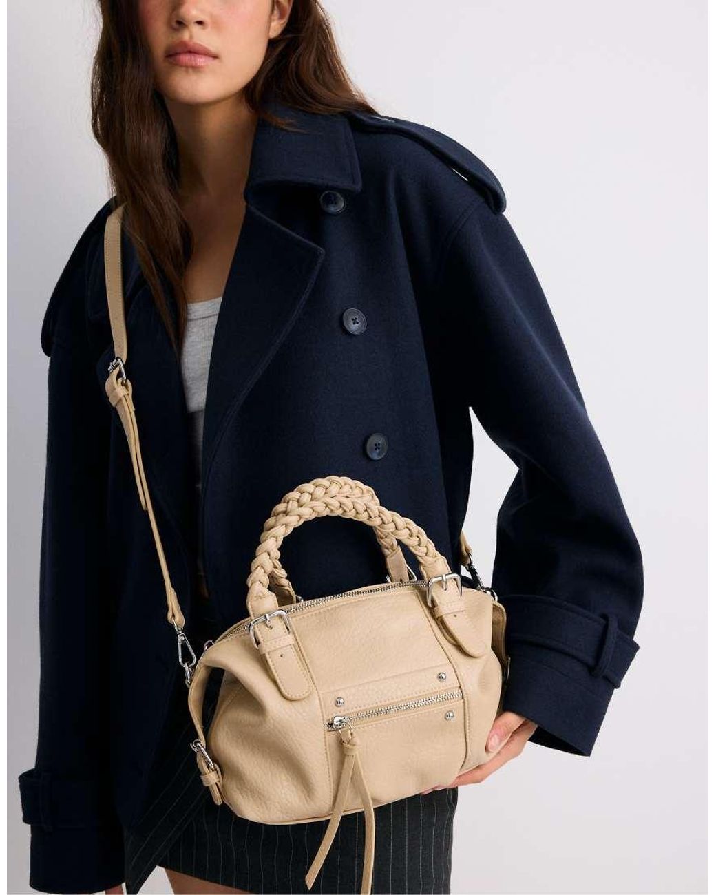Stradivarius White Braided Handle Bowling Bag