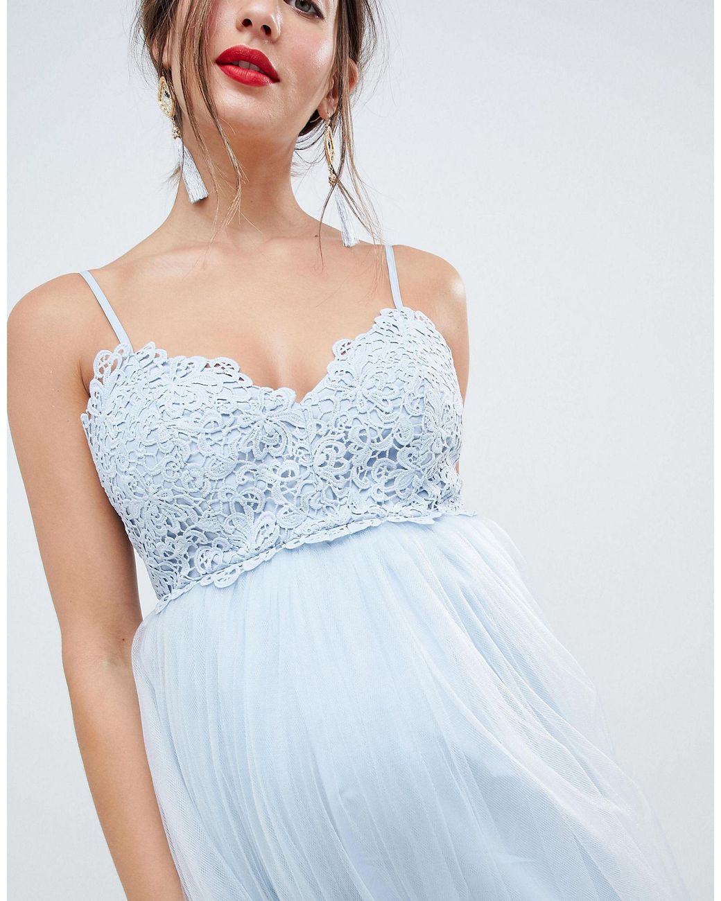 asos design premium lace cami top tulle midi dress