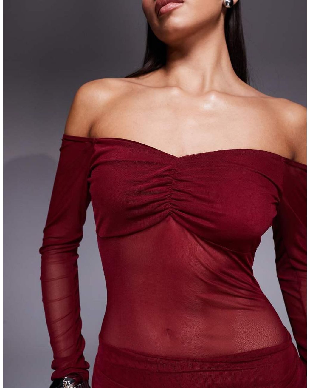 Fashionkilla Red Exclusive Mesh Long Sleeve Sheer Insert Ruched Detail Maxi Dress