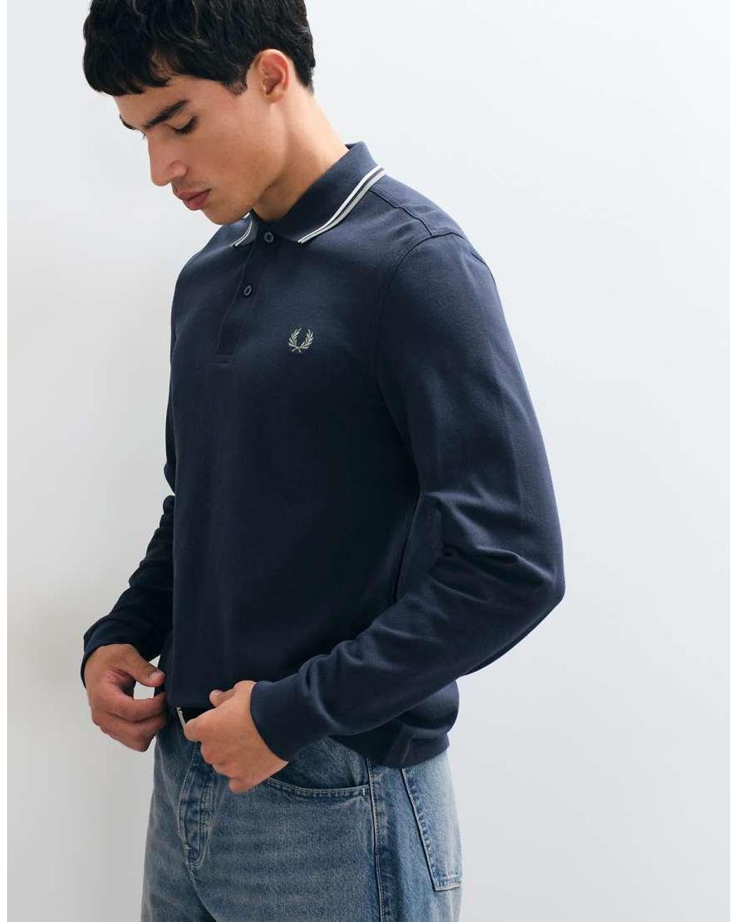 Fred Perry Blue Long Sleeve Twin Tipped Polo Shirt for men