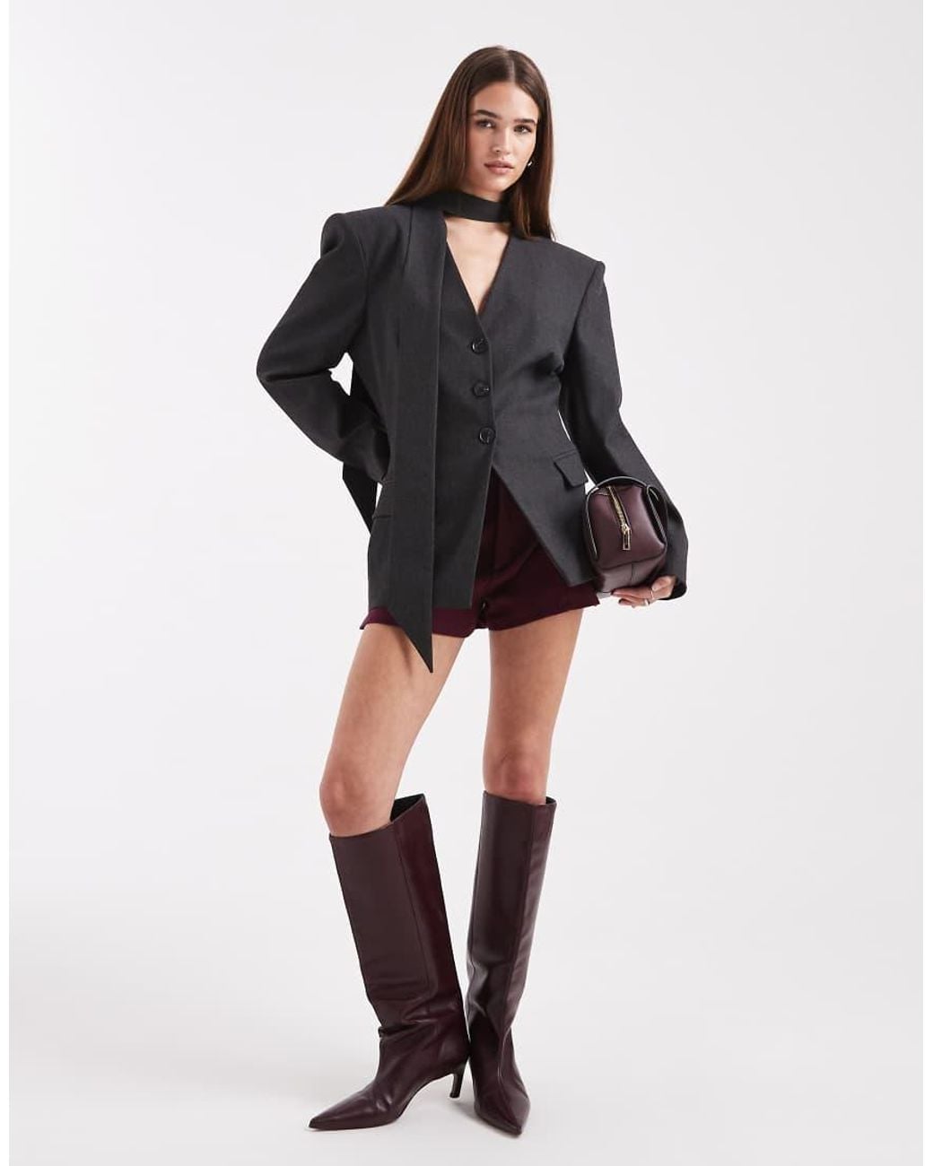 ASOS Black Cinch Shoulder Pad Blazer With Scarf