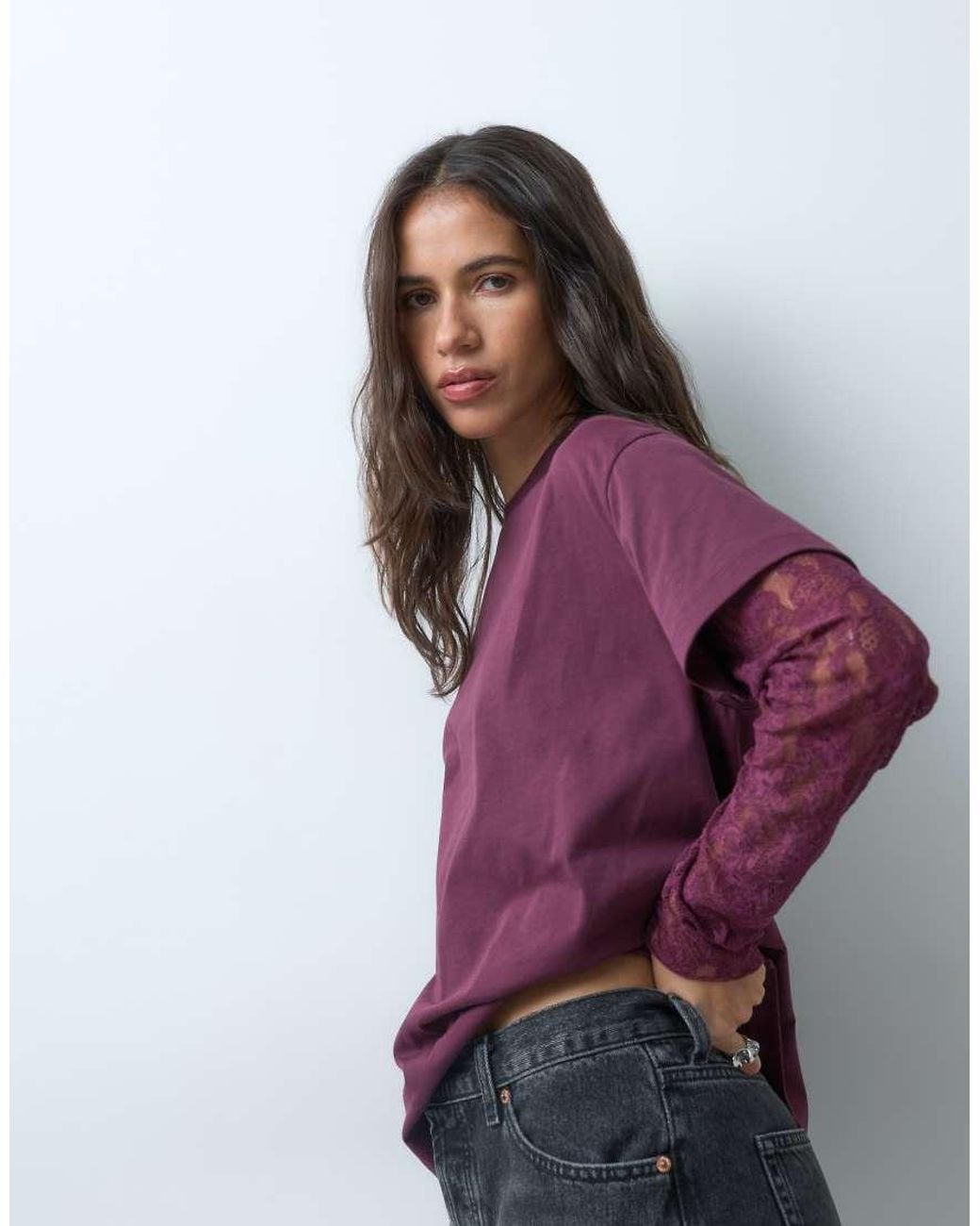 Miss Selfridge Purple Oversized Tshirt With Lace Sleeve