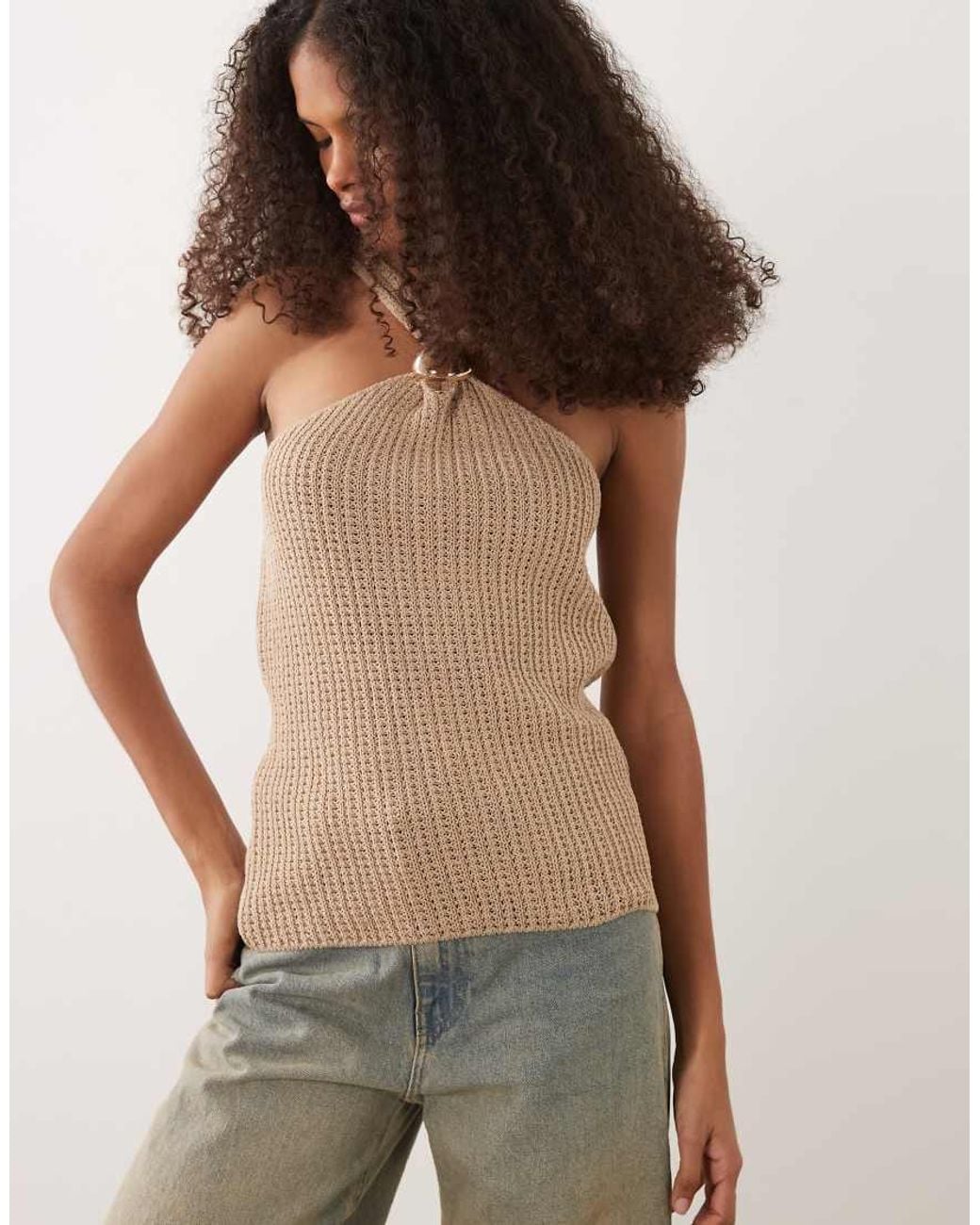ASOS Brown Crochet Knit Halter Top With Hardware Trim