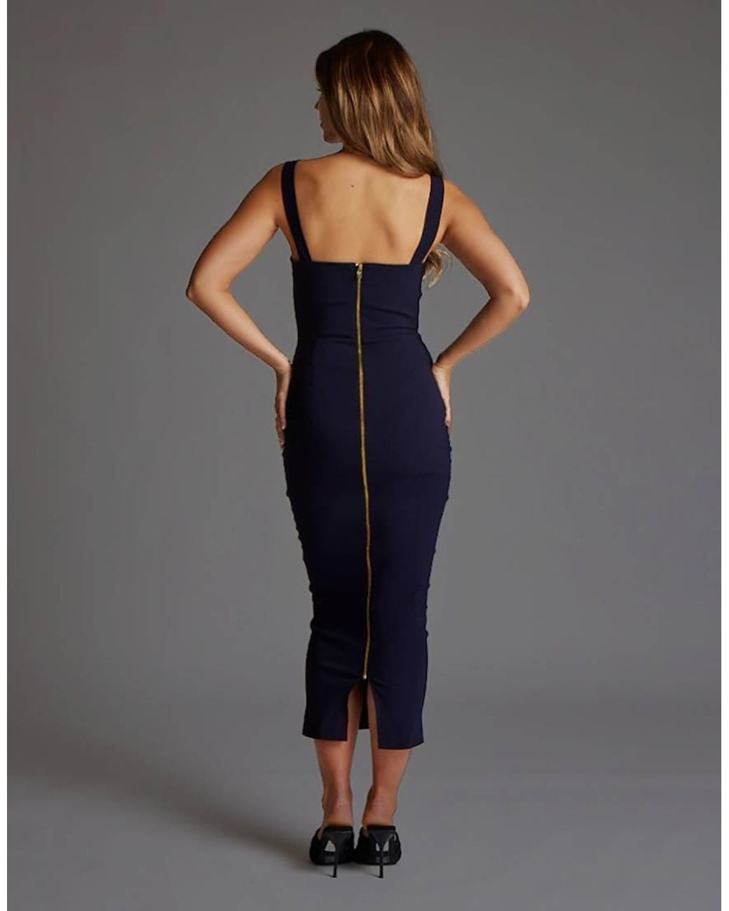 Vesper Blue Plunge Neck Bodycon Midaxi Dress