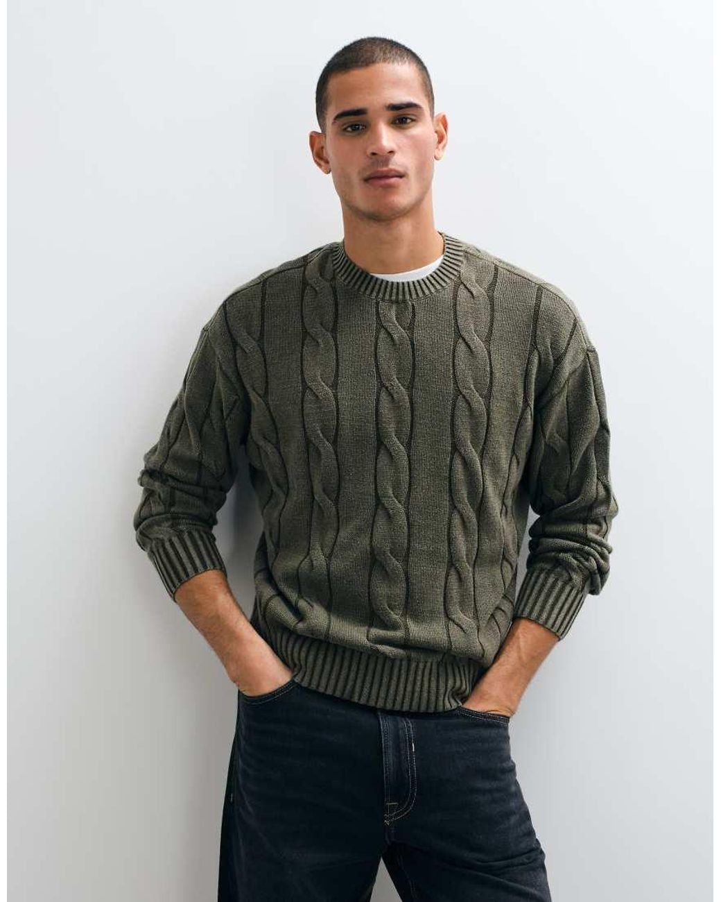 Hollister Green Knitted Cable Knit Jumper for men