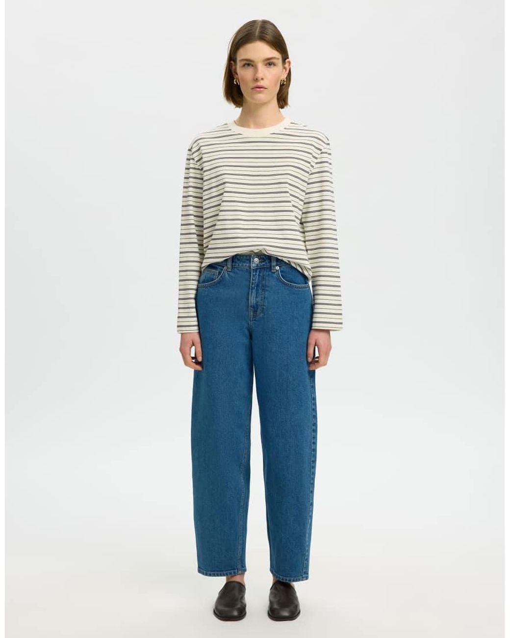 SELECTED White Essential Striped Boxy Fit Crew Neck Long Sleeve T-shirt