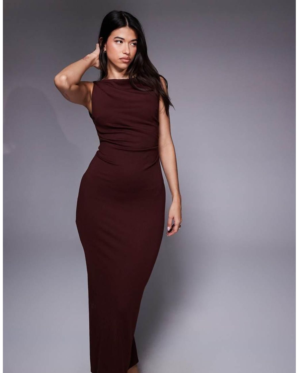 ASOS Purple Slash Neck Ruched Midi Dress