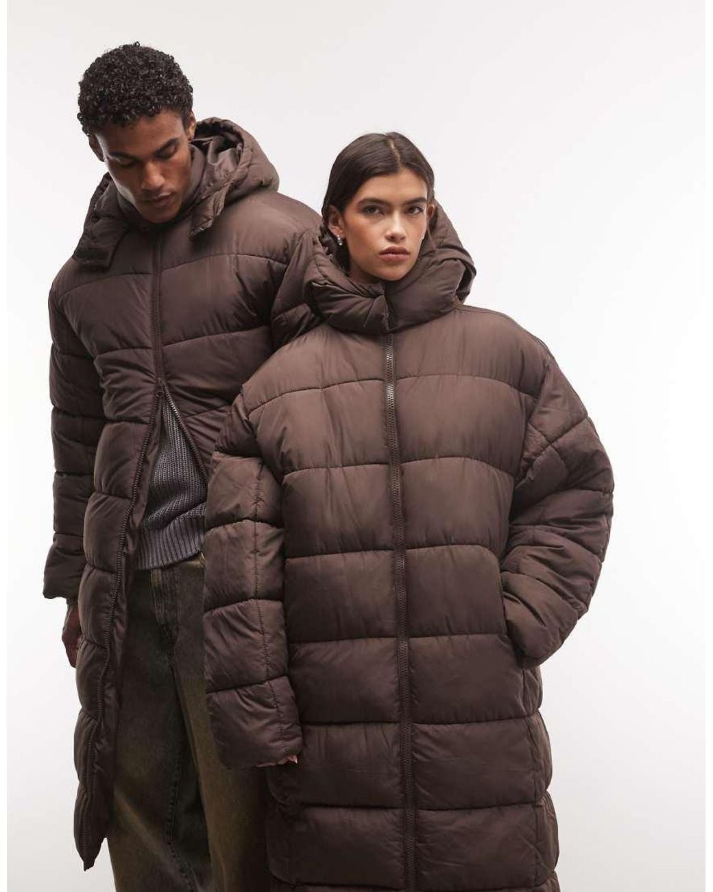 Collusion Brown Unisex Longline Hooded Maxi Puffer Coat