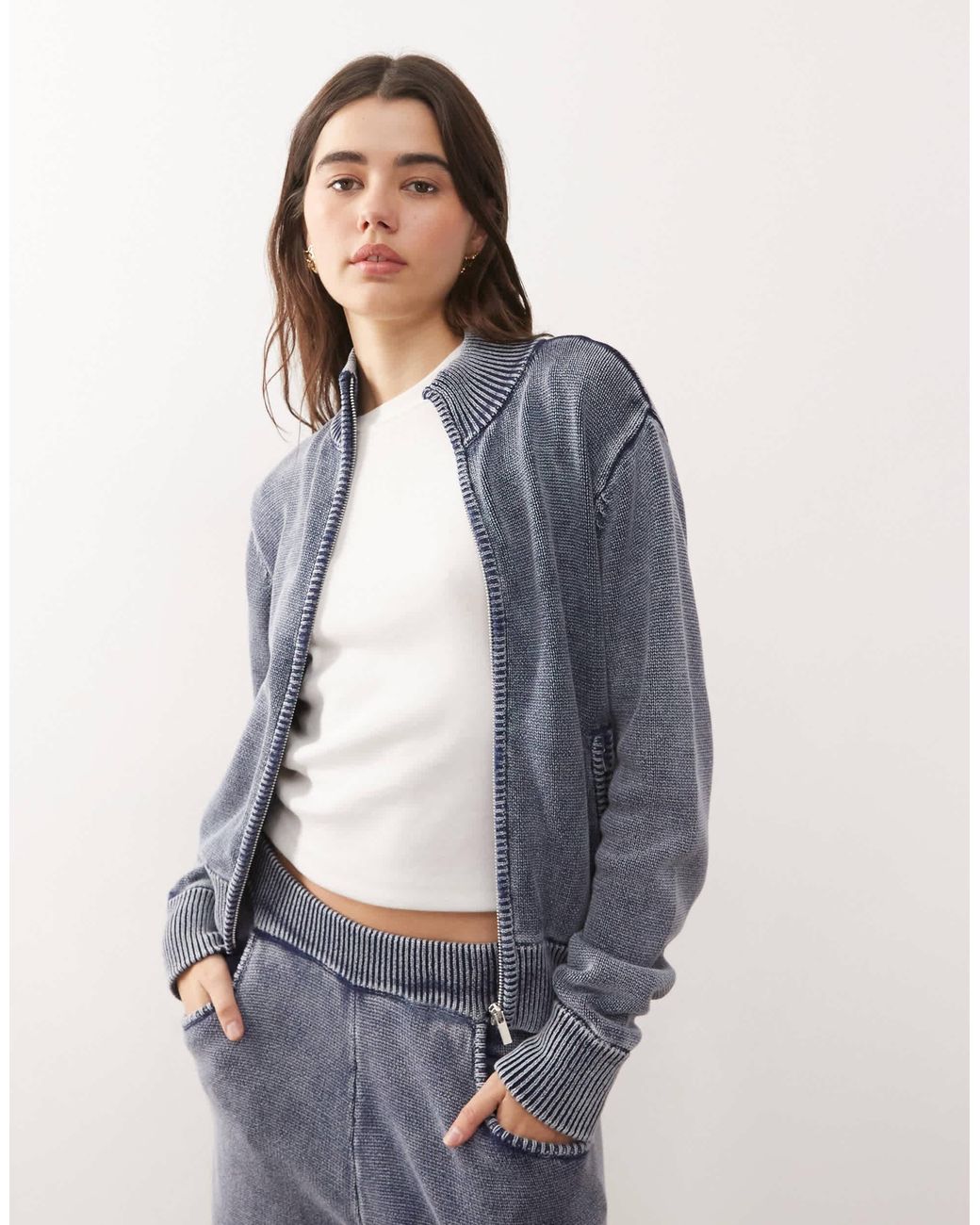 Pull zippé gaufré d'ensemble - délavé Collusion en coloris Blue