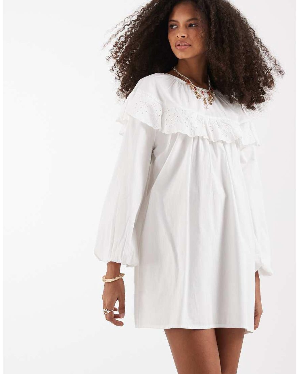 Neon Rose White Ruffle Edged Long Sleeve Babydoll Dress