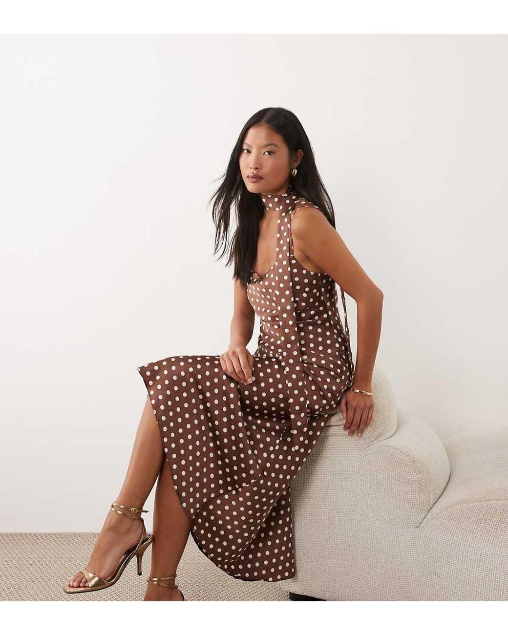 brown polka dot dress with neck scarf New Look Satin Cami Midi in neck with spaghetti straps