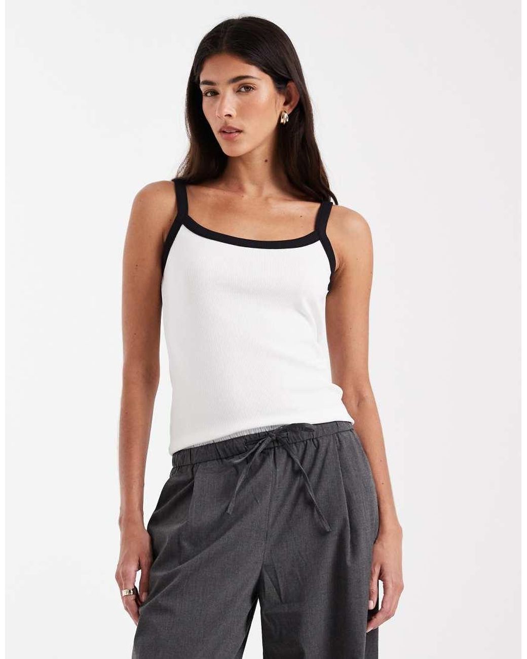 Pieces White Contrast Trim Cami Top