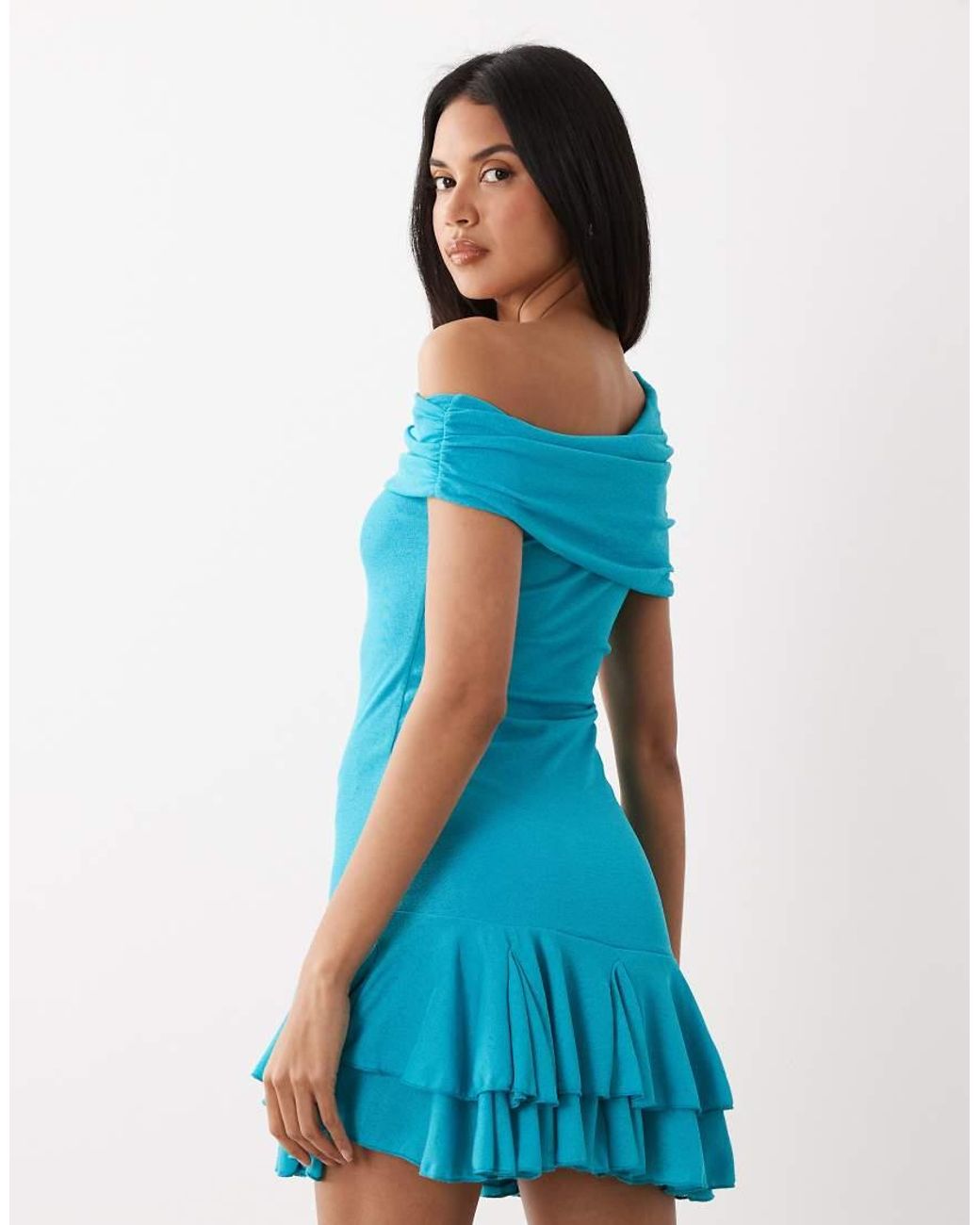 Kaiia Blue Foldover Detail Off One Shoulder Asymmetric Frill Hem Mini Dress