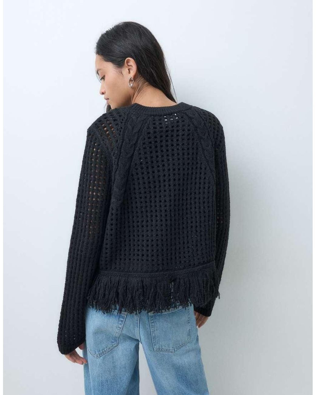 ASOS Blue Knitted Jumper With Cable Knit Detail And Fringe Hem