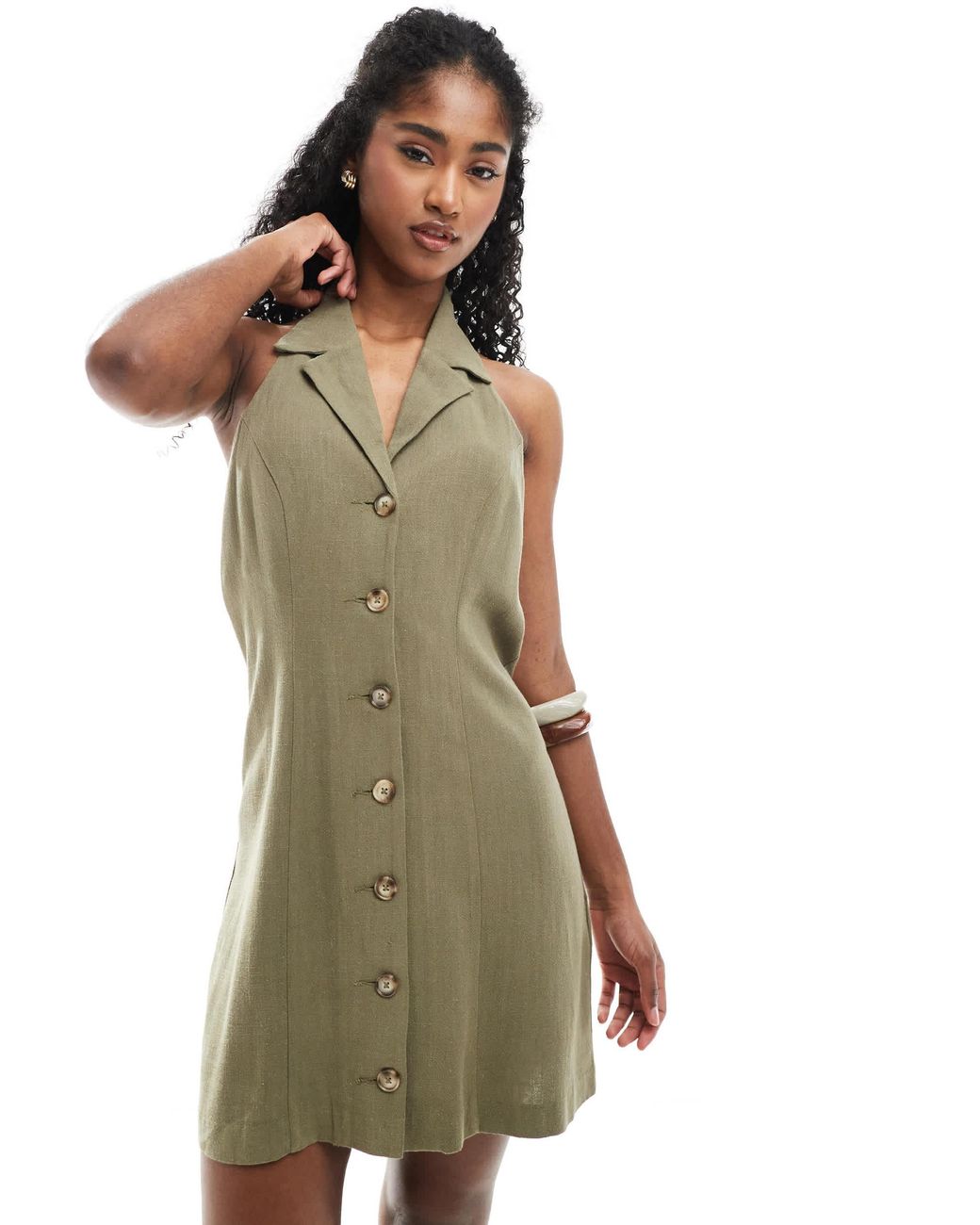 Miss Selfridge Linen Blend Collared Halter Mini Dress Khaki in Green | Lyst