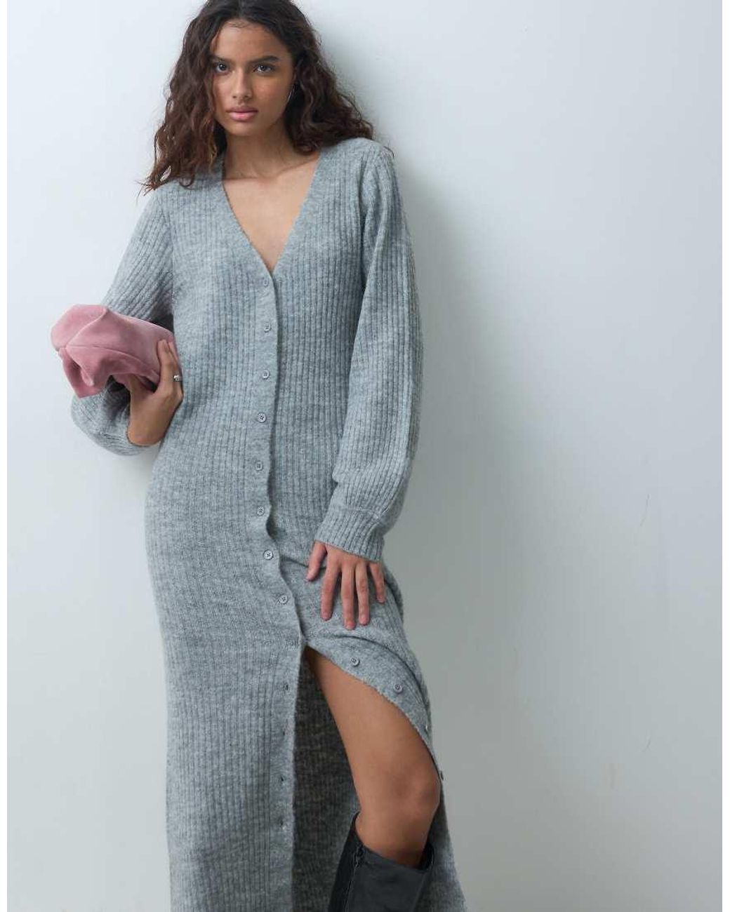 Pieces Blue Balloon Sleeve Button Front Knitted Dress