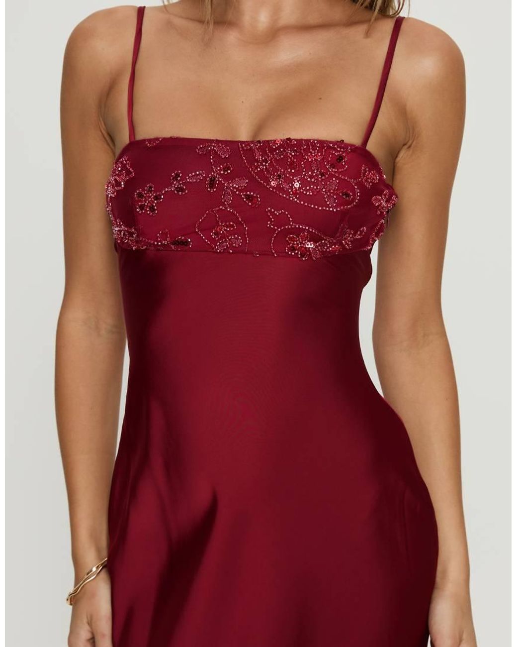 Princess Polly Red Engracia Satin Sequin & Bead Detail Cami Square Neck Maxi Dress