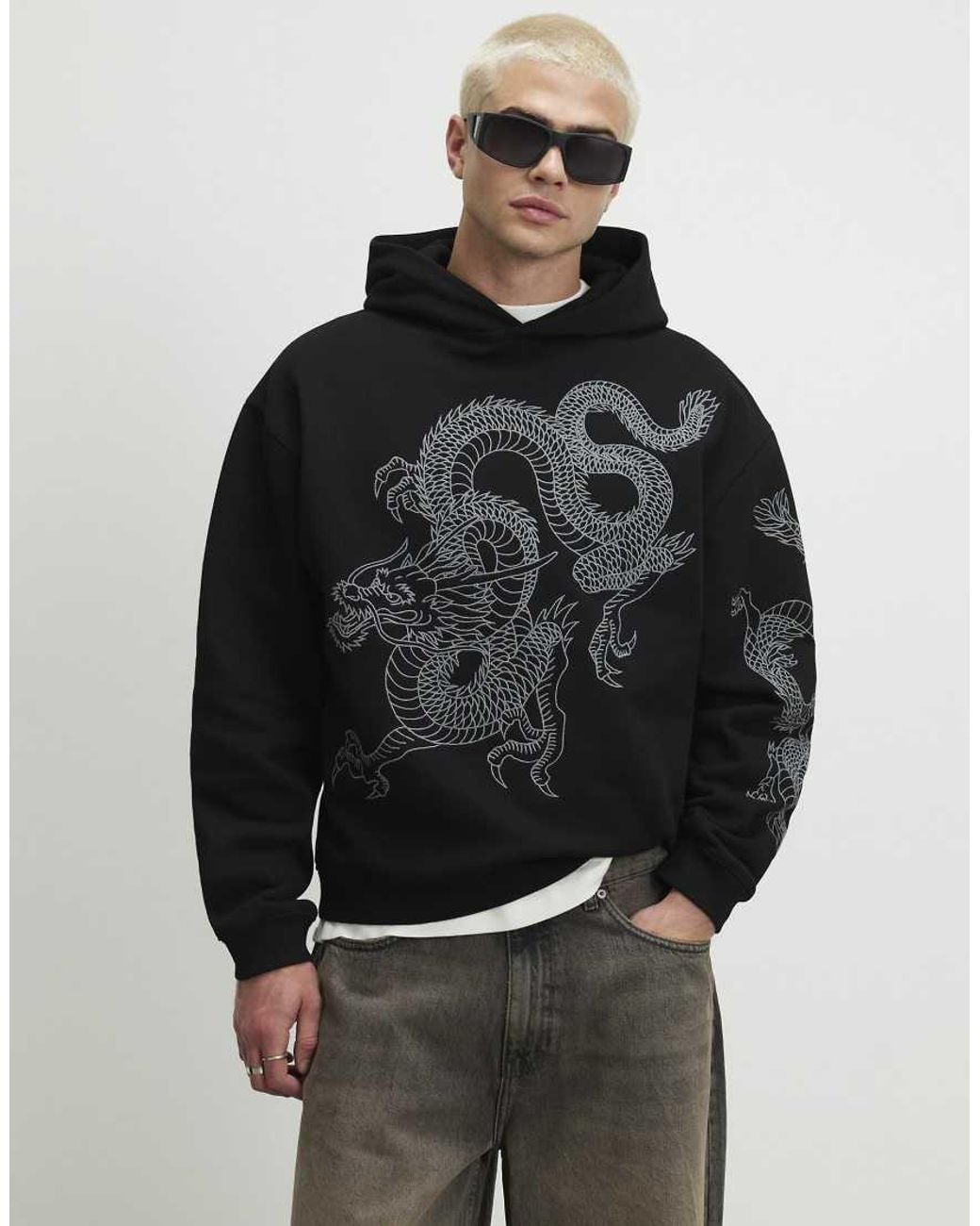 River Island Gray Oversized Fit Embroidered Dragon Hoodie for men