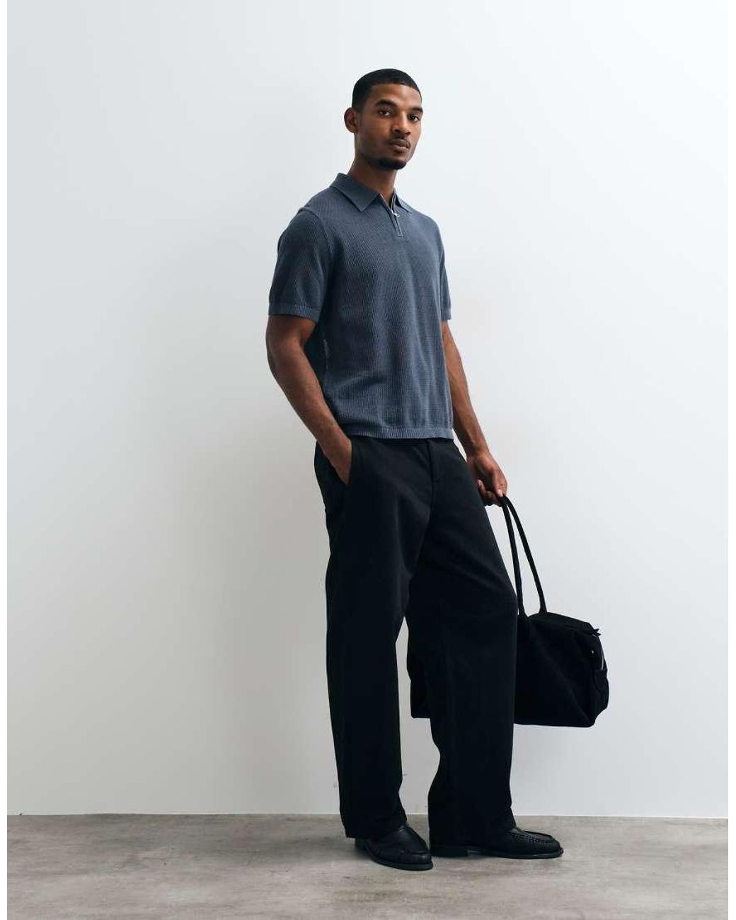 ASOS Blue Relaxed Knitted Pointelle Half-zip Polo Shirt for men