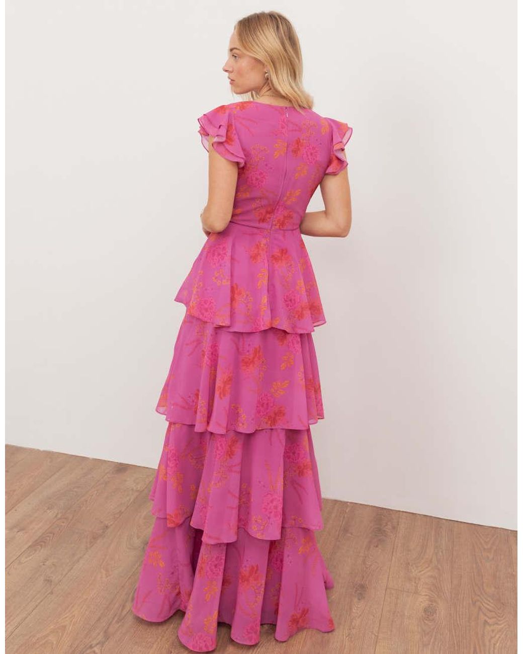 ANAYA Pink Floral Faux Wrap Flutter Sleeve Tiered Maxi Dress