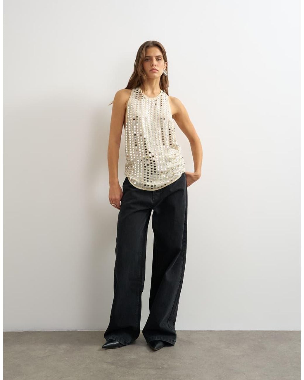 TOPSHOP Natural Premium Low Scoop Open Back Tank Top With Heavy Embellishment