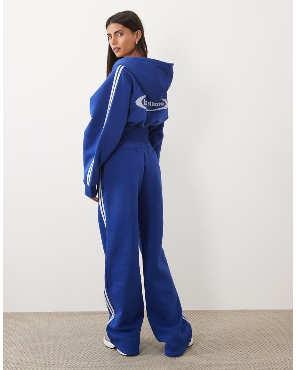Kaiia Blue Cotton Rich Embroidered Logo Side Stripe Wide Leg Trackies