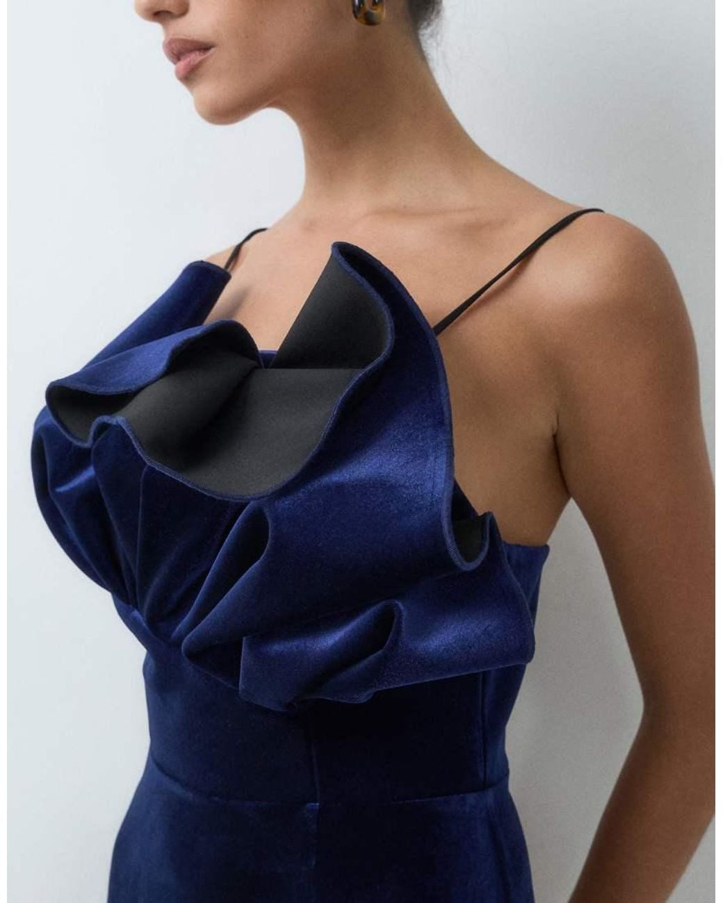 ASOS Blue Velvet Structured Neck Detail Maxi Dress With Split