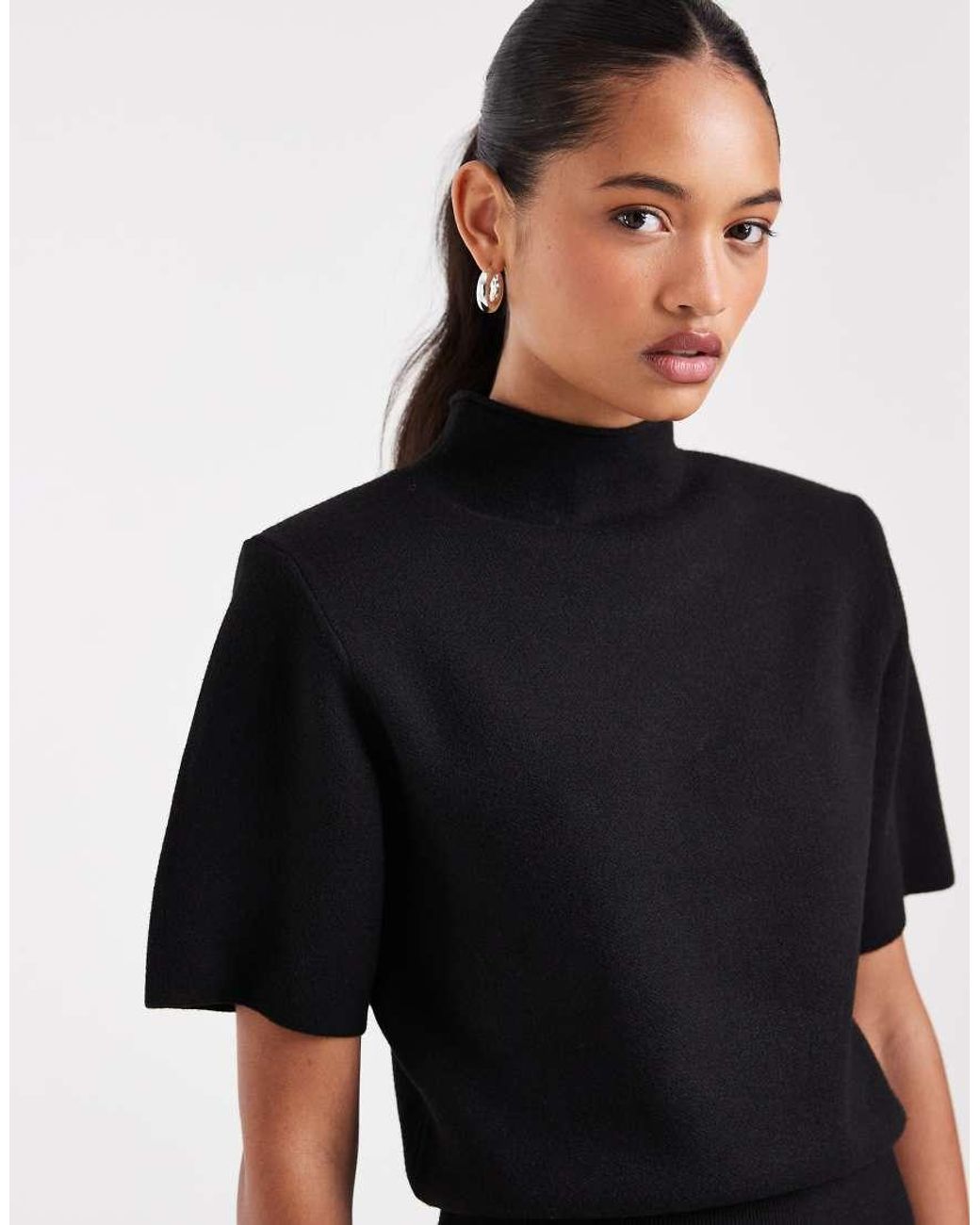 ASOS Black Shoulder Pad Short Sleeve Ruched Dress