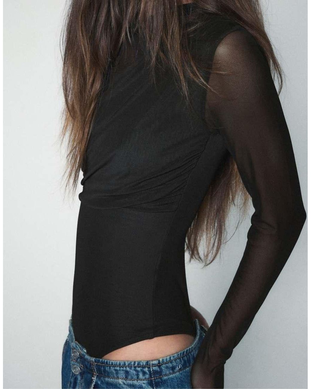 Stradivarius Blue Draped Mesh Long Sleeve Bodysuit
