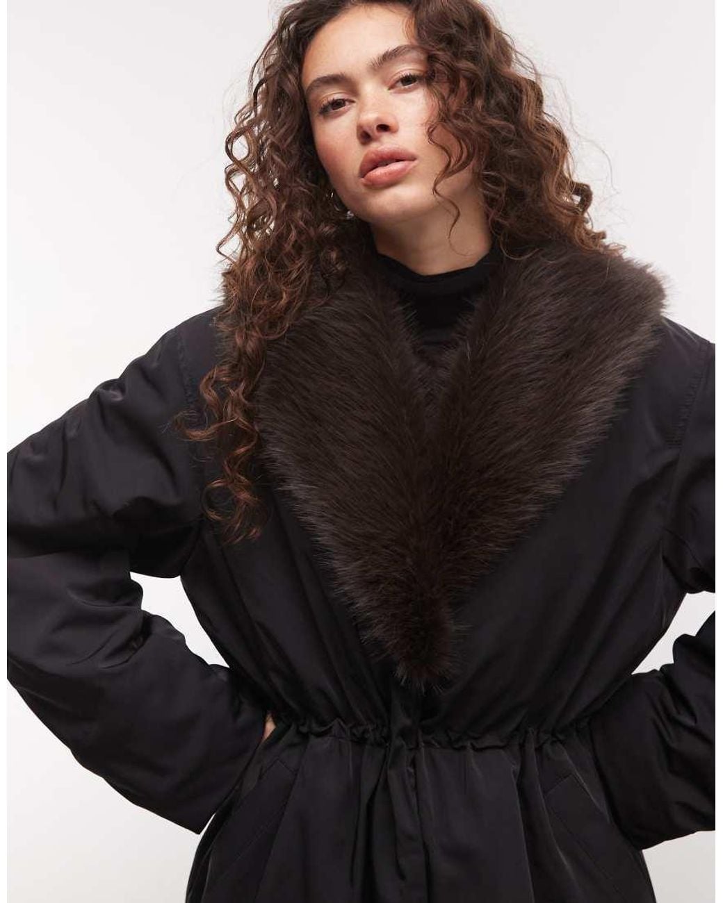 Monki Black Faux Fur Cinched Puffer Coat