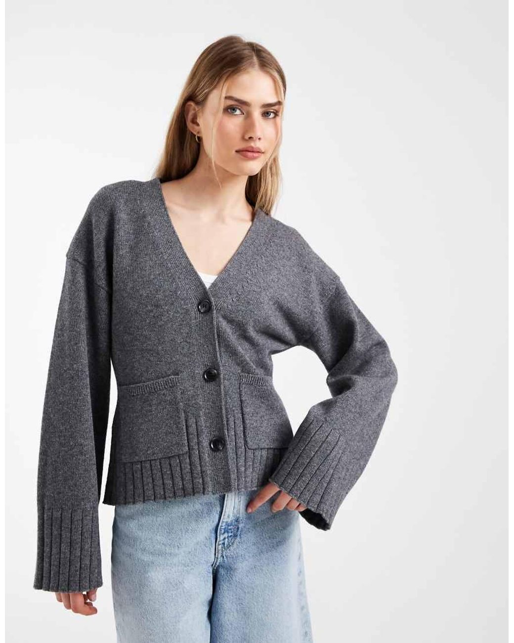 & Other Stories Gray Wool-blend Cardigan With Cinched Waist And Volume Sleeves