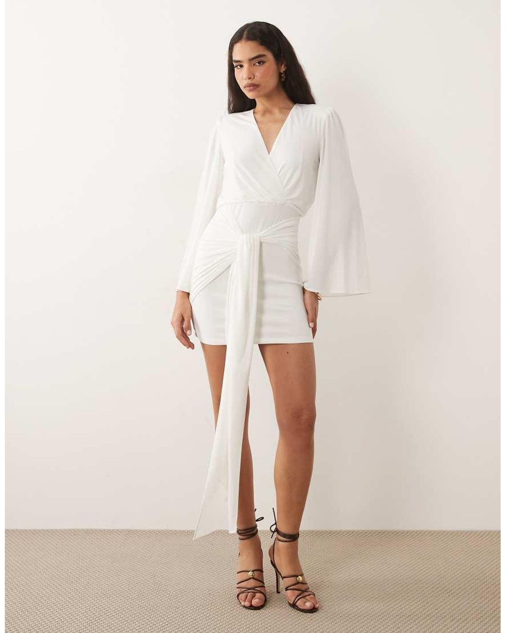 TFNC London White Slinky V Neck Shoulder Pad Drape Detail Mini Dress