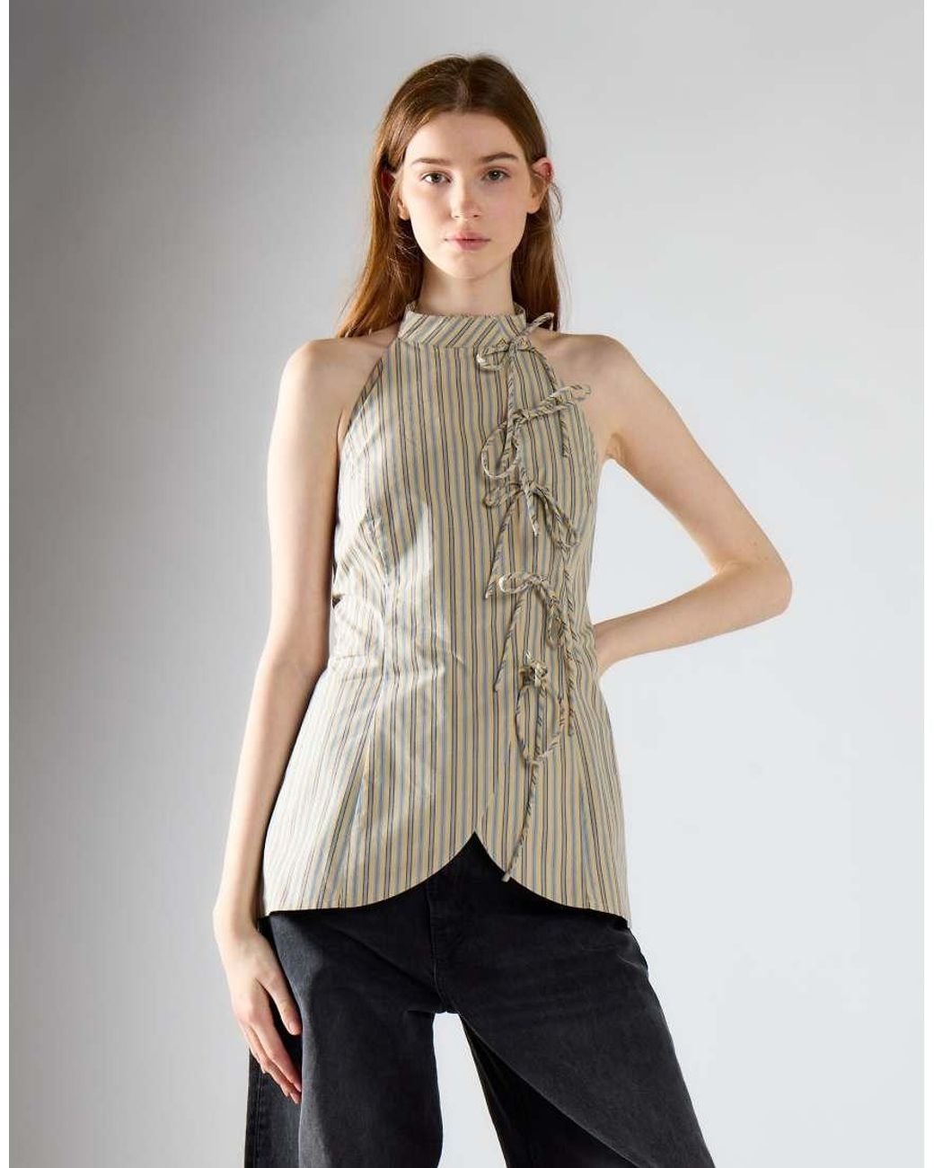 Glamorous Natural High Neck Bow Detail Top