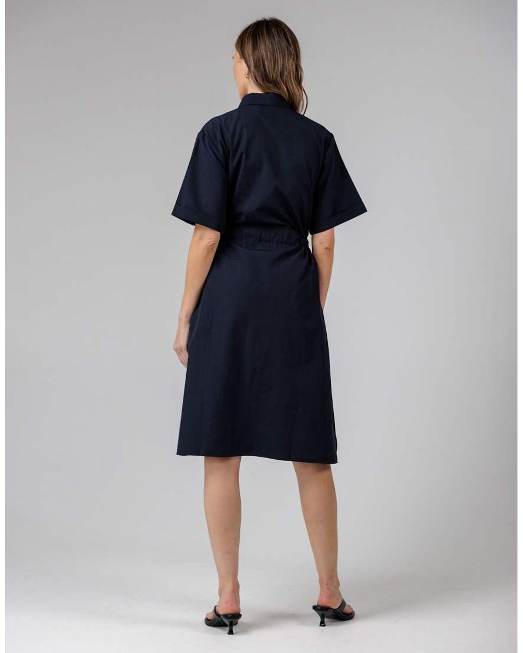 French Connection Blue Cotton Blend Short Sleeve Tie Waist Poplin Midi Shirt Dress