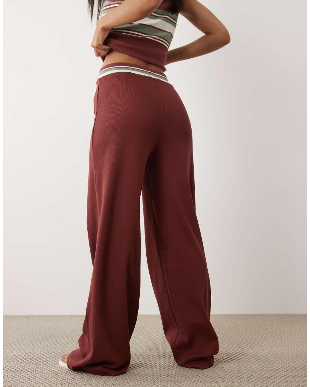 4th & Reckless Red Ribbed Stripe Wide Waistband Drawstring Waist Wide Leg Trousers Co-Ord