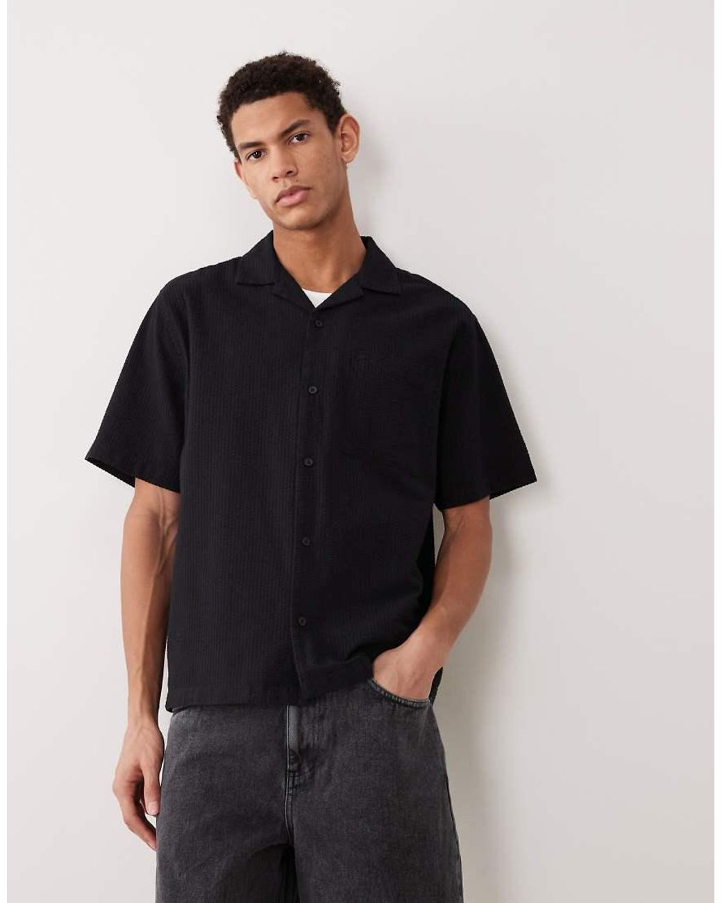 ASOS Black Relaxed Revere Seersucker Shirt for men